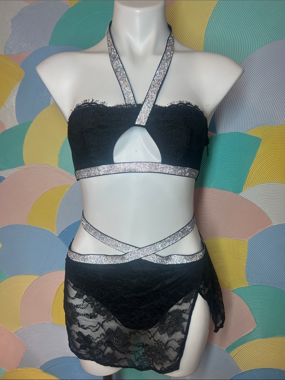 NWT Victoria's Secret Black Lace Strappy Lingerie Set Silver Glitter Trim sz xs